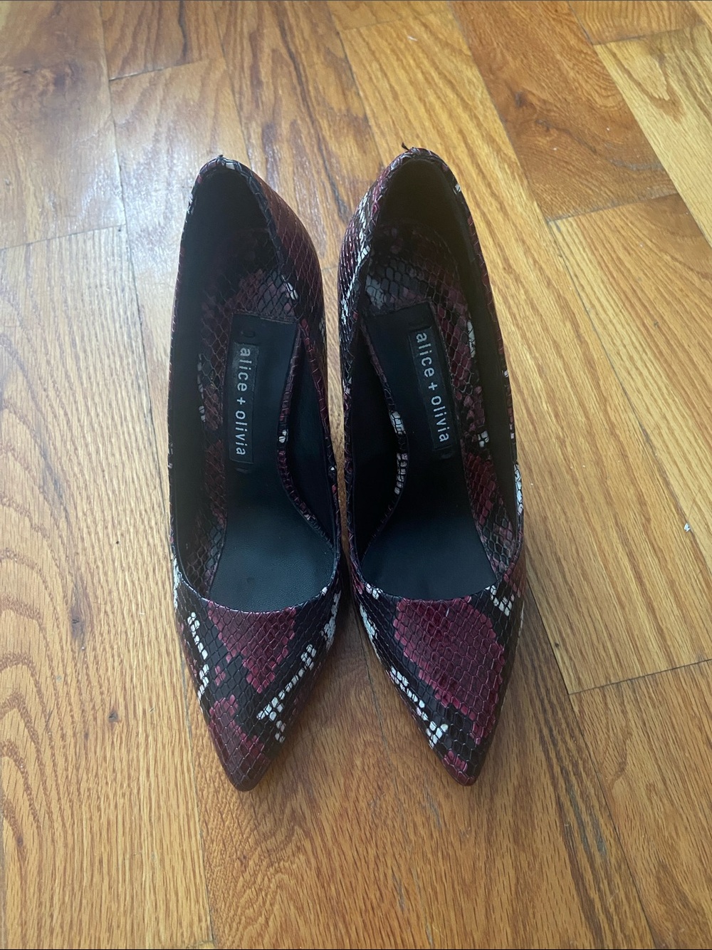 Alice + Olivia Burgundy Snakeskin Pointed Pumps